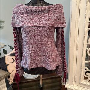 LU ♥ NYC Burgundy Lavender Lace-Up Sleeve Sweater Small | Off Shoulder Cozy Knit